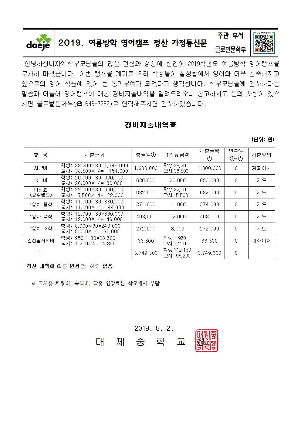 2019학년도 여름방학 영어캠프 체험학습 정산 가정통신문001