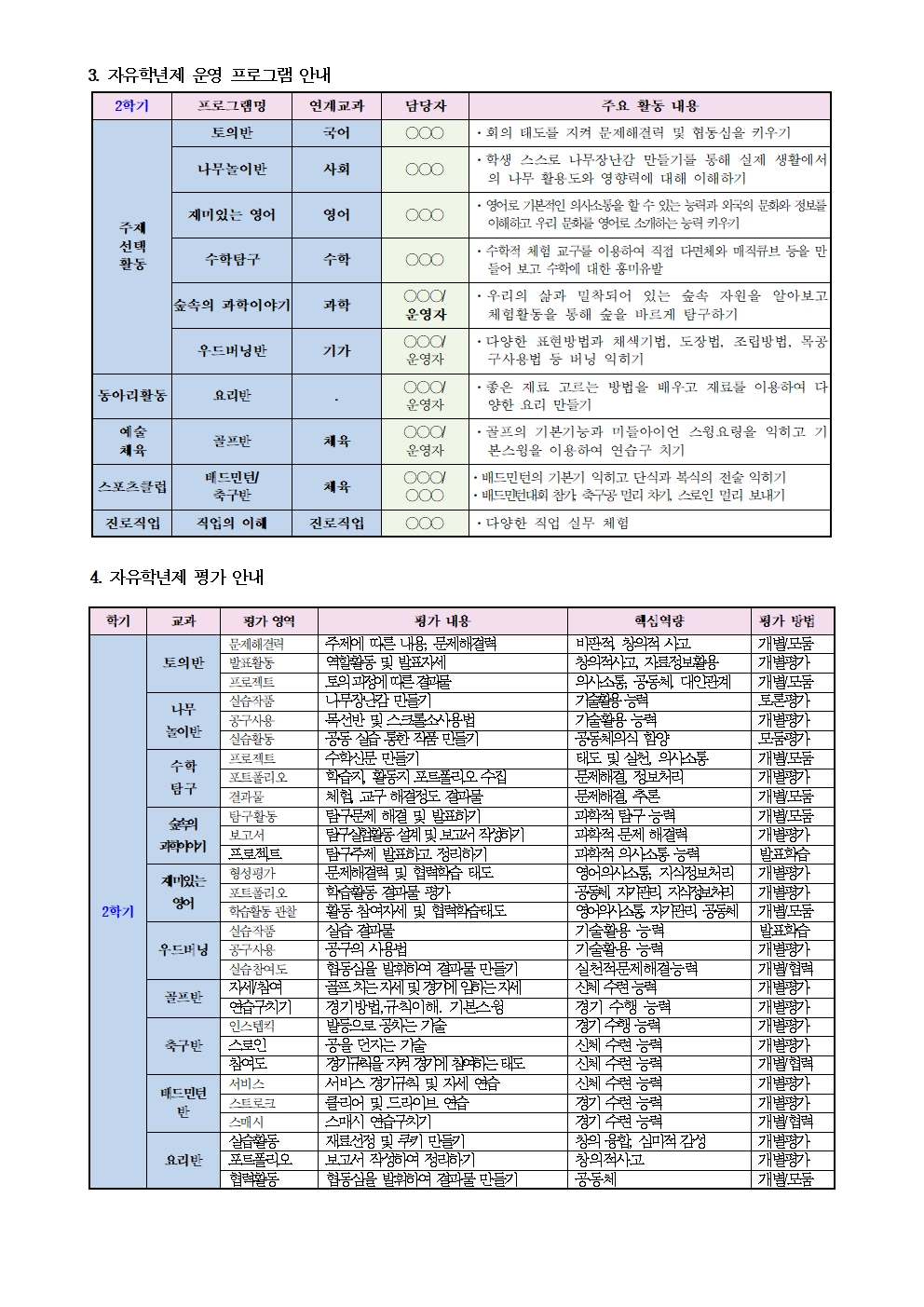 2019. 1학년 2학기 자유학년제 운영 프로그램 안내 가정통신문(8.21)001003