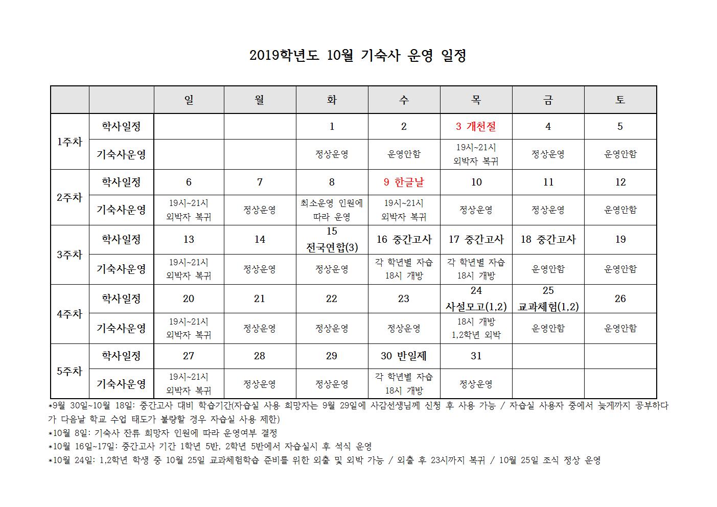 2019학년도 10월 기숙사 운영 일정001