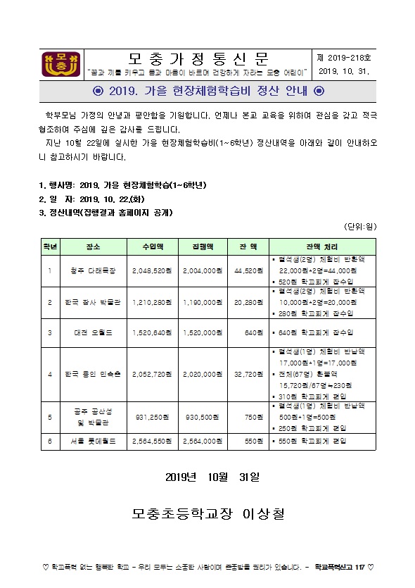 2019. 가을 현장체험학습비 정산 안내(전교생)