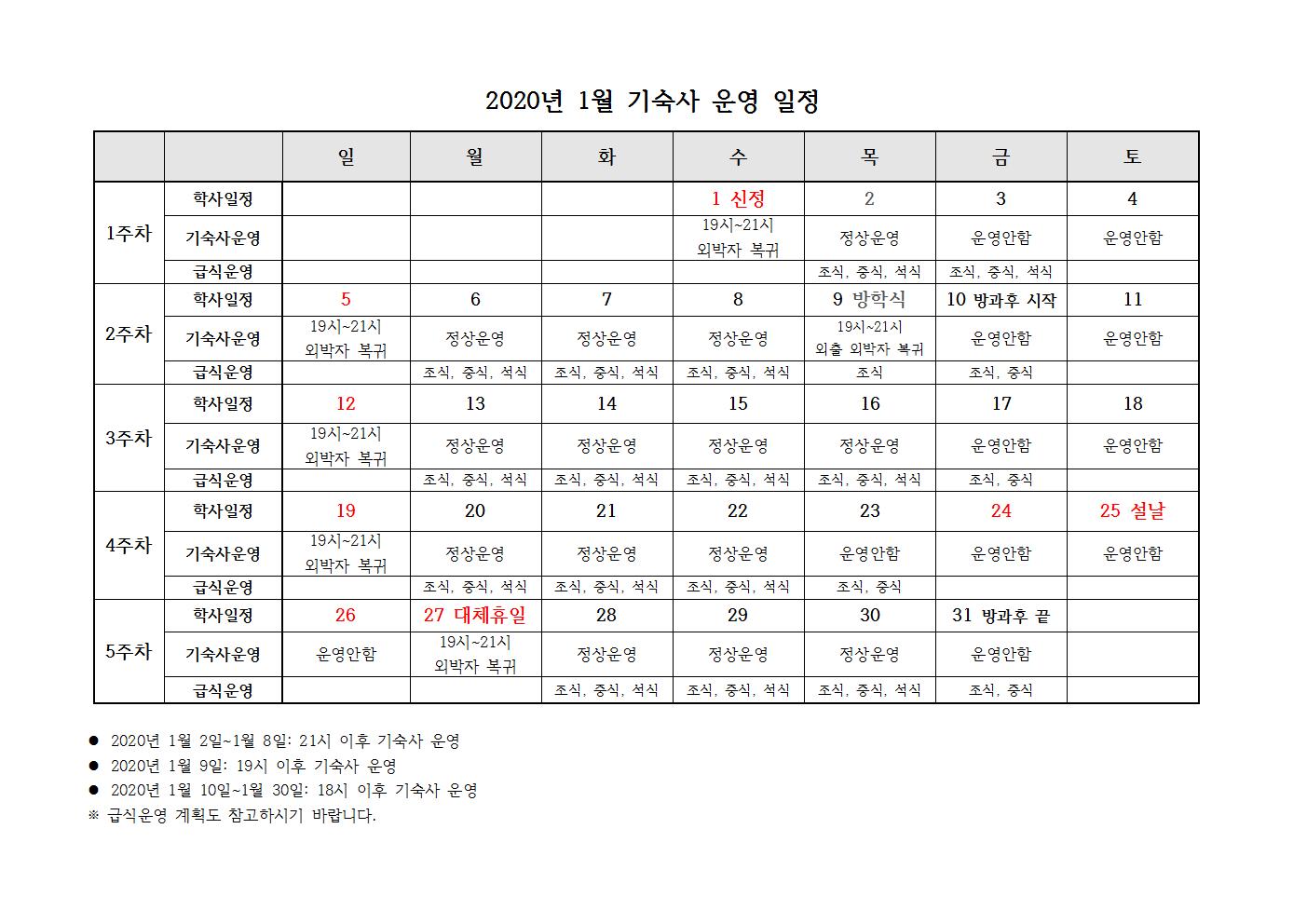 2020년 1월 기숙사 운영 일정001