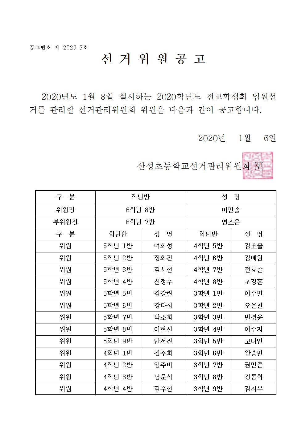 2020학년도 전교학생회 임원 선거 선거위원 공고문