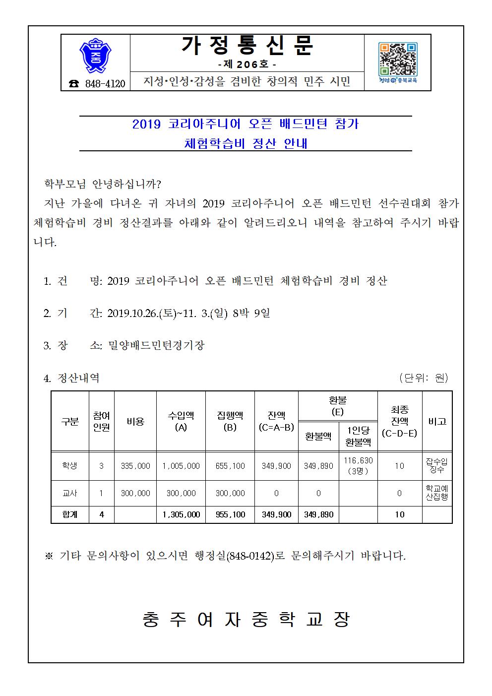 [충주여자중학교-1171 (첨부)] 2019 코리아주니어 오픈 배드민턴 체험학습 정산서 가정통신문001