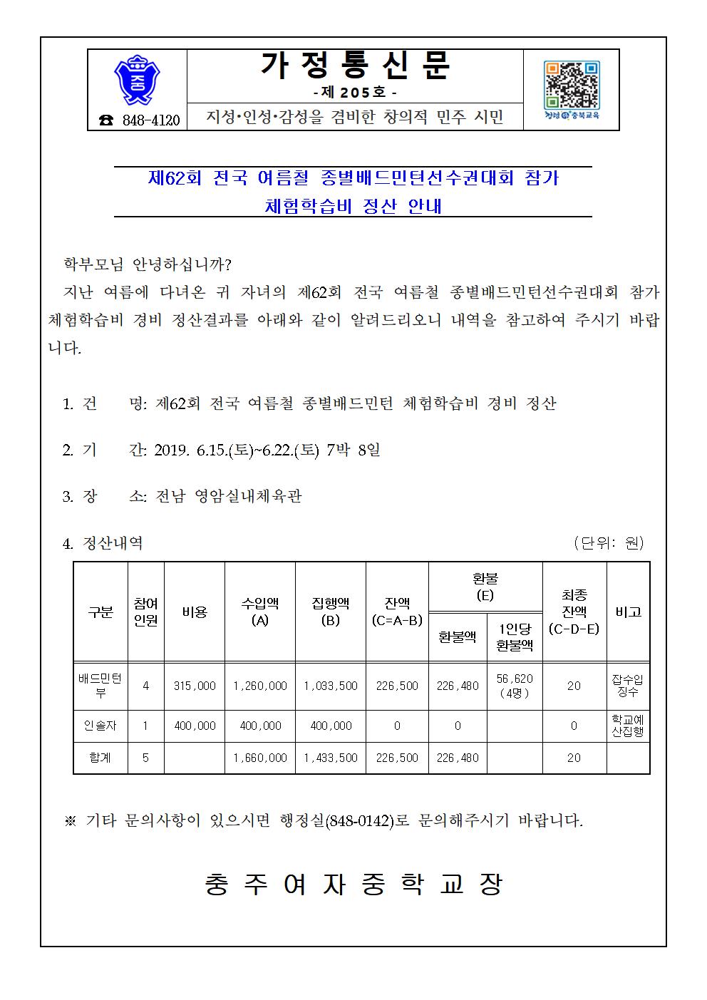 [충주여자중학교-1170 (첨부)] 제62회 전국 여름철 종별배드민턴 체험학습 정산서 가정통신문001