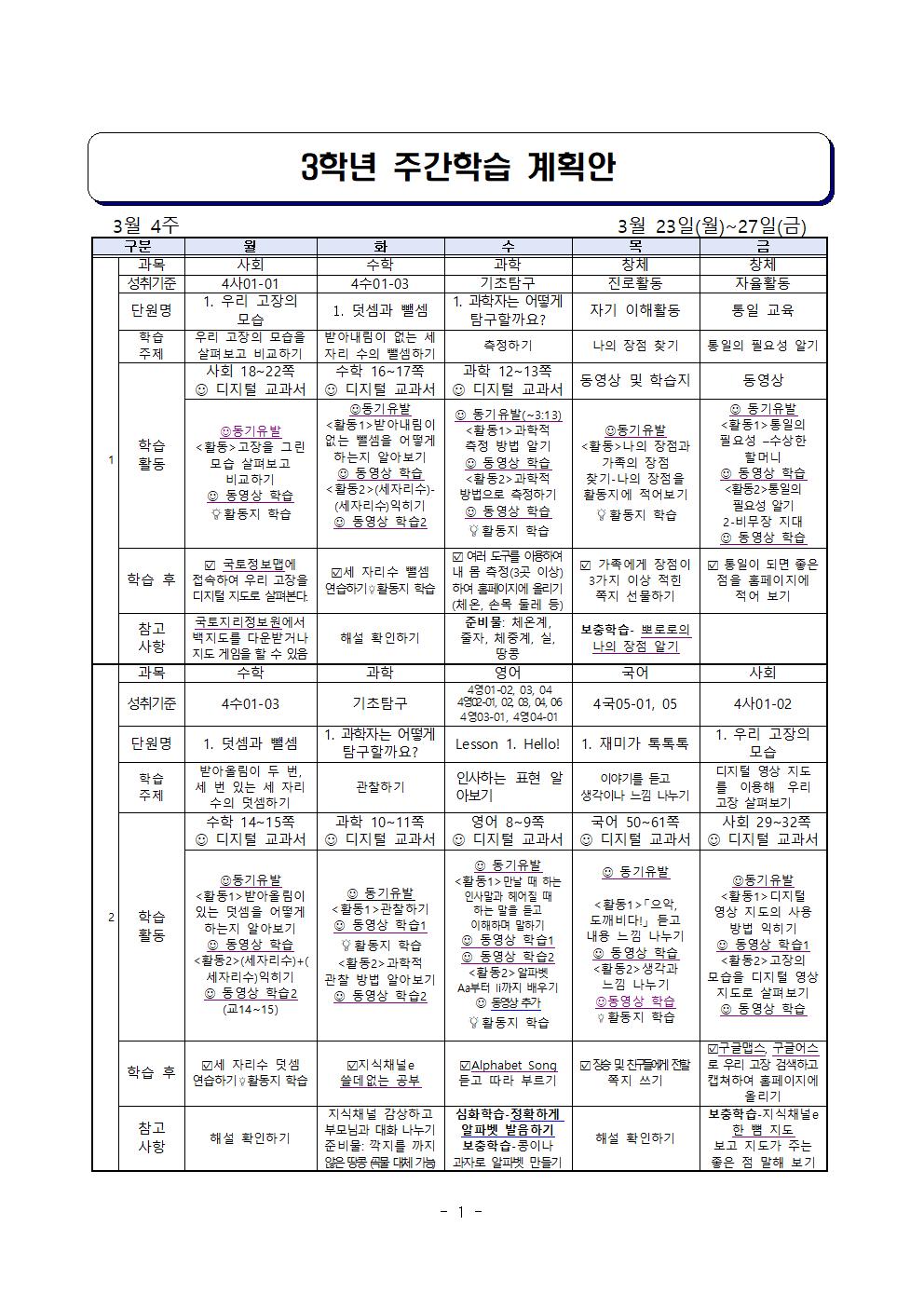 바로학교 주간학습 계획안(3학년)_3월23일~27일001