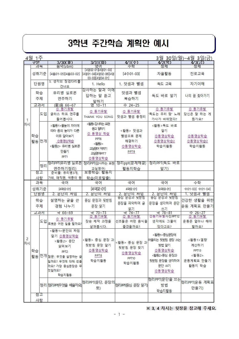 주간학습 계획안(3학년)_3월30일~4월3일001