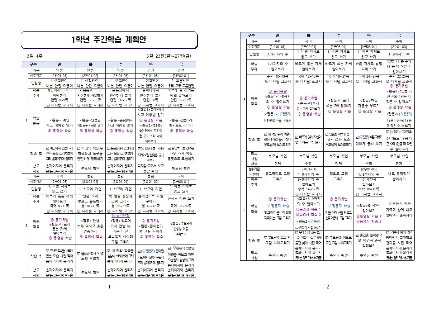 주간학습 계획안(1학년)3월23~27일001