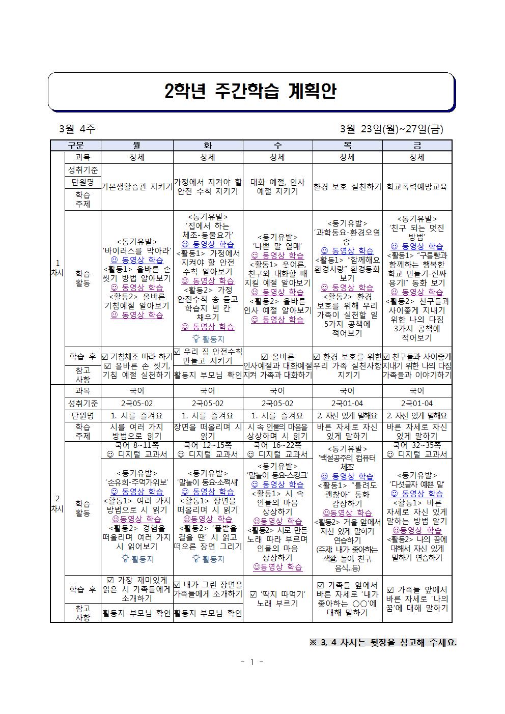 2학년 주간학습 계획안(3월 4주)001