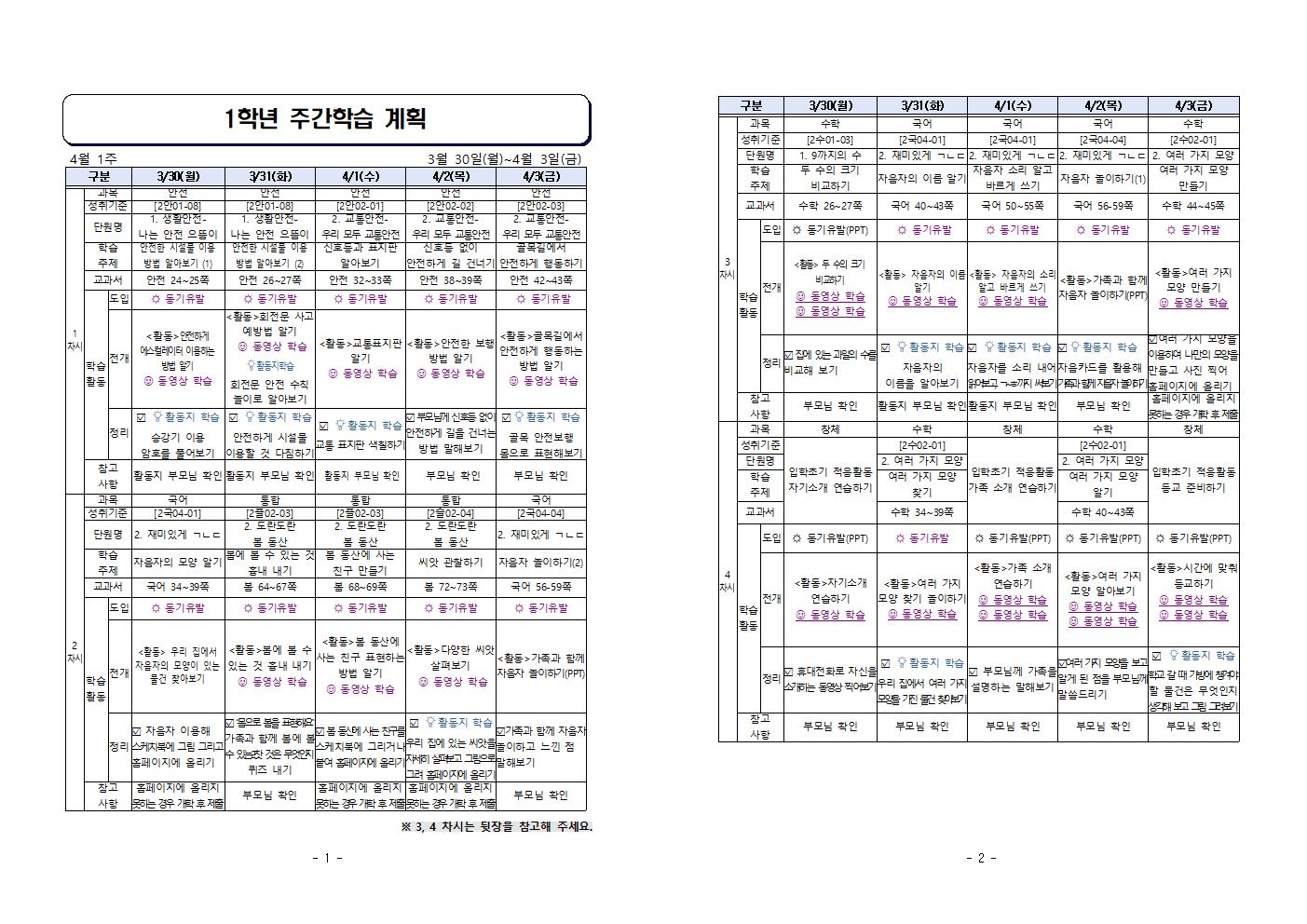 주간학습 계획(3월30일-4월3일) 1001