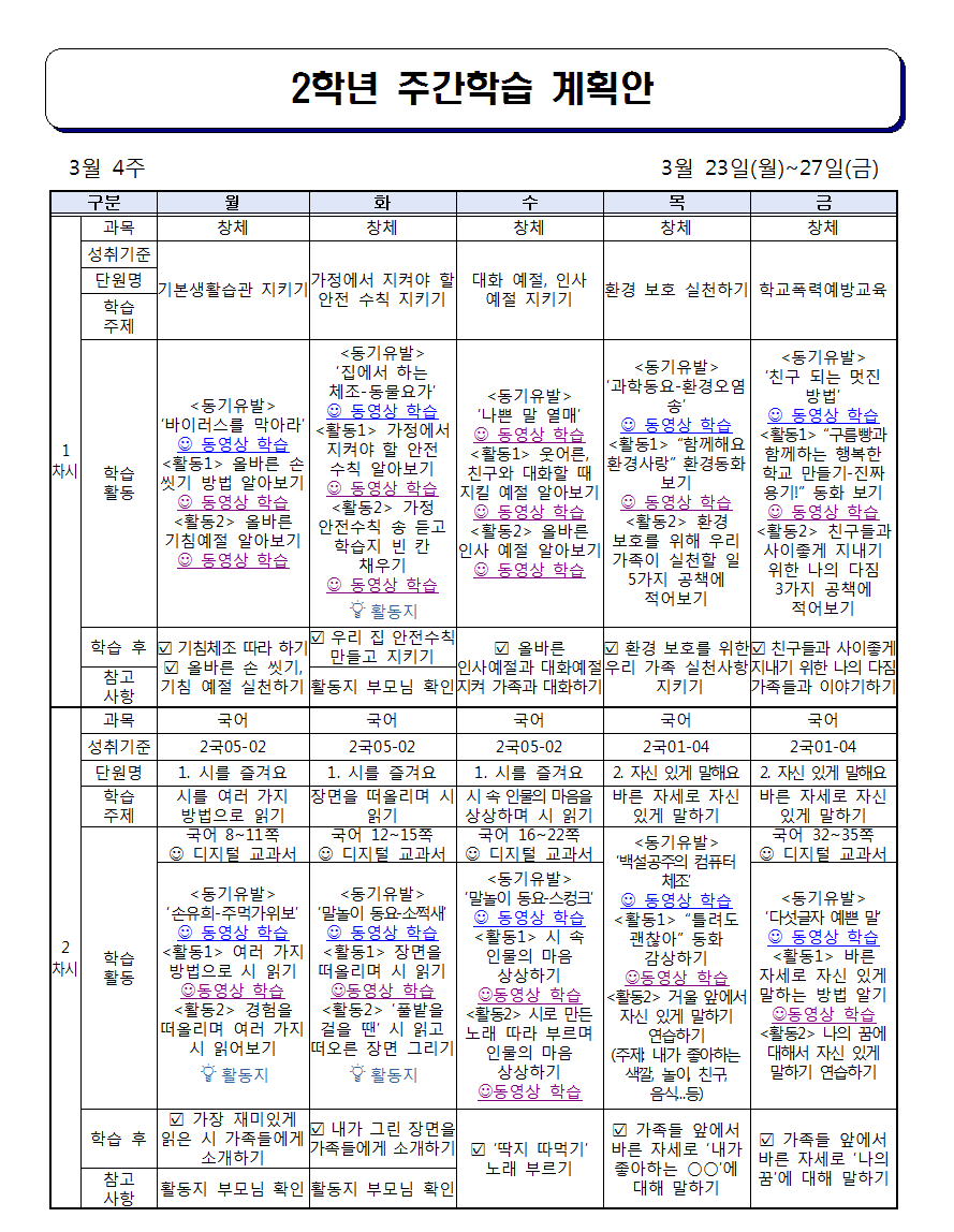 2학년 주간학습 계획안(3월 4주)001