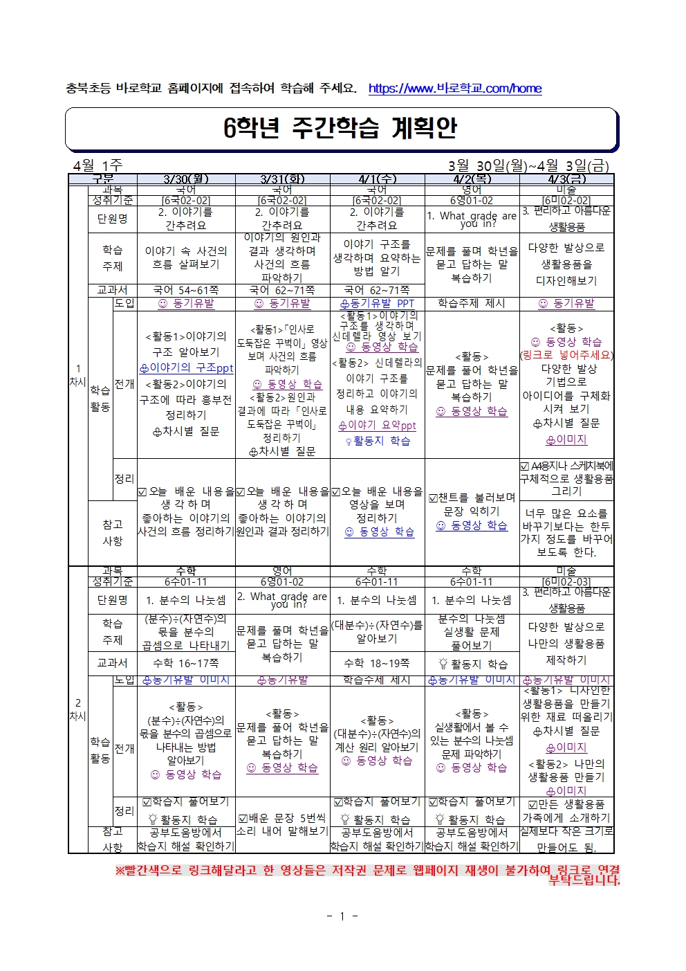 6학년 주간학습 계획안(4월 1주)001