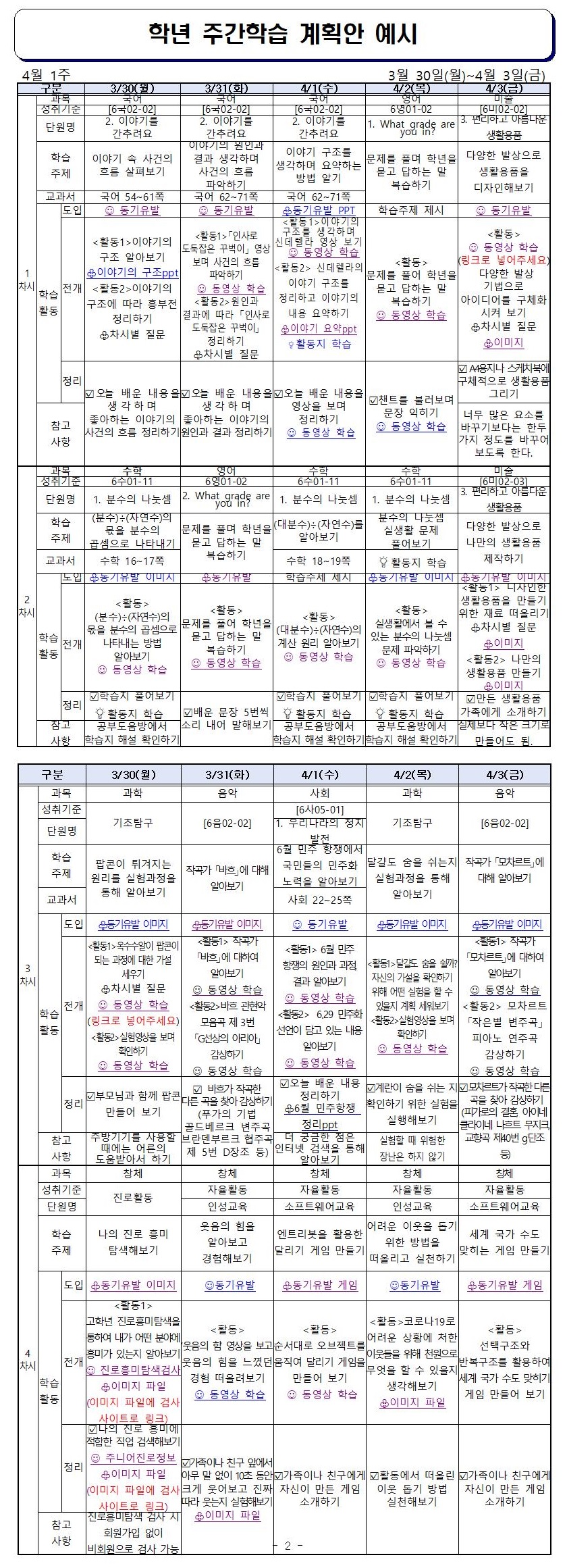 주간학습계획안(6학년)_3월30일_4월3일