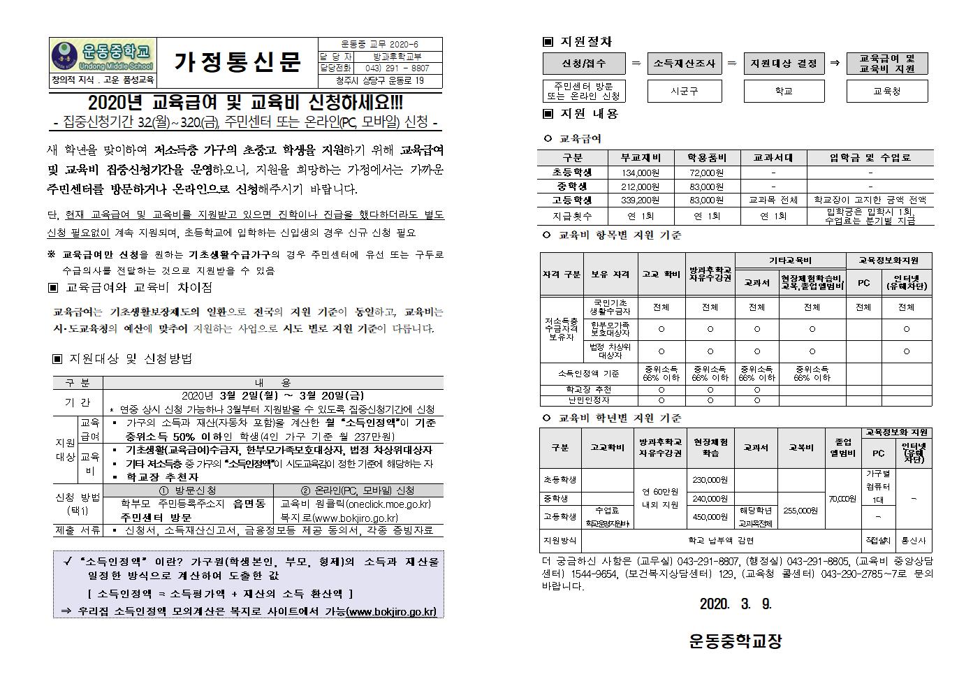 2020년 교육급여 및 교육비 신청