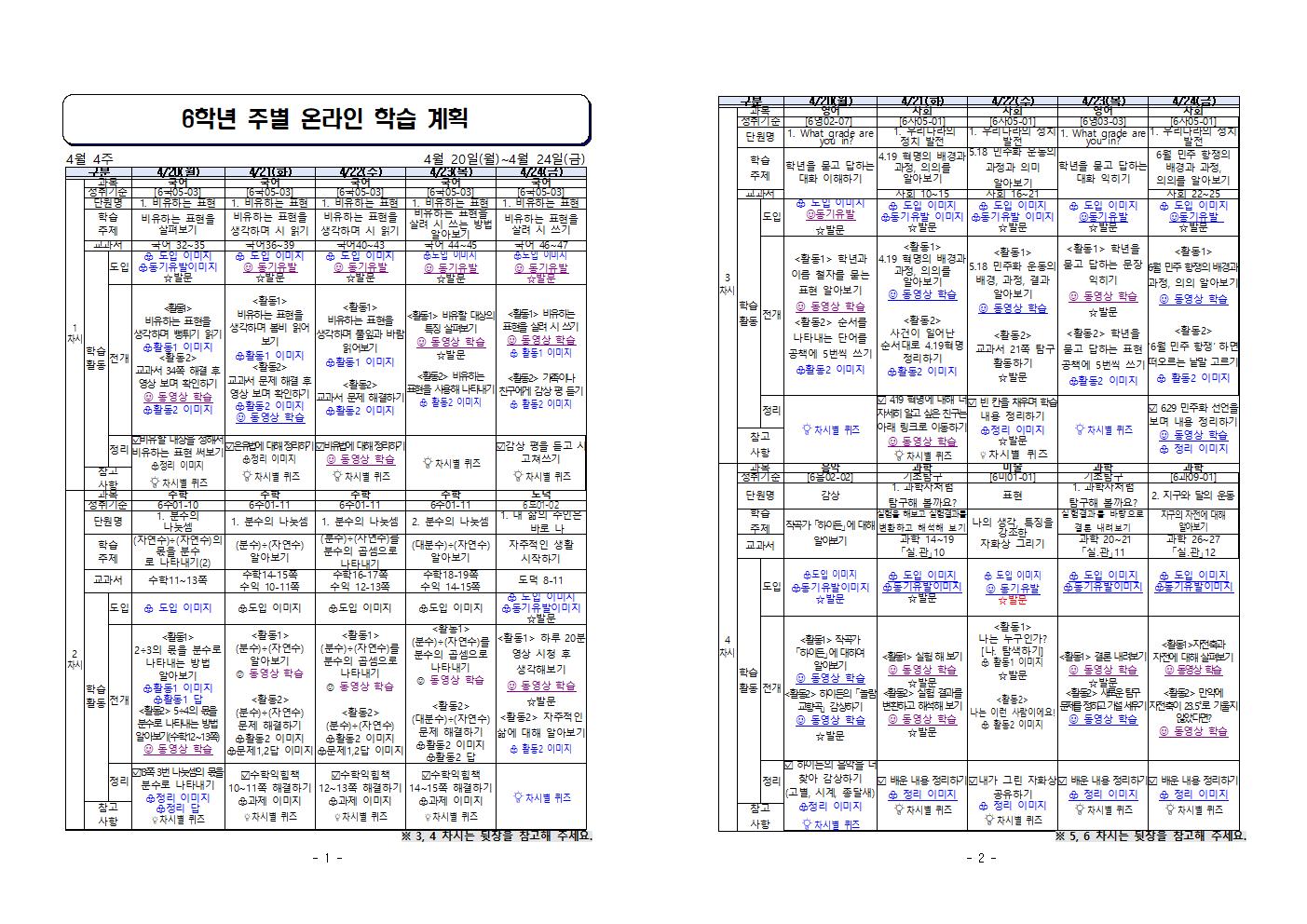 충청북도교육청 학교혁신과_주별 온라인 학습 계획(6학년)_4월20일~4월24일001