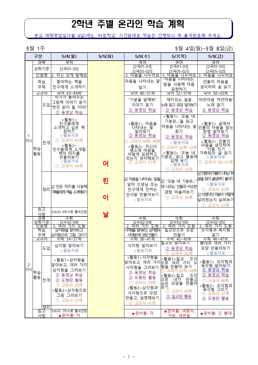 5월4일-5월8일_주별 온라인 학습 계획(2학년)001