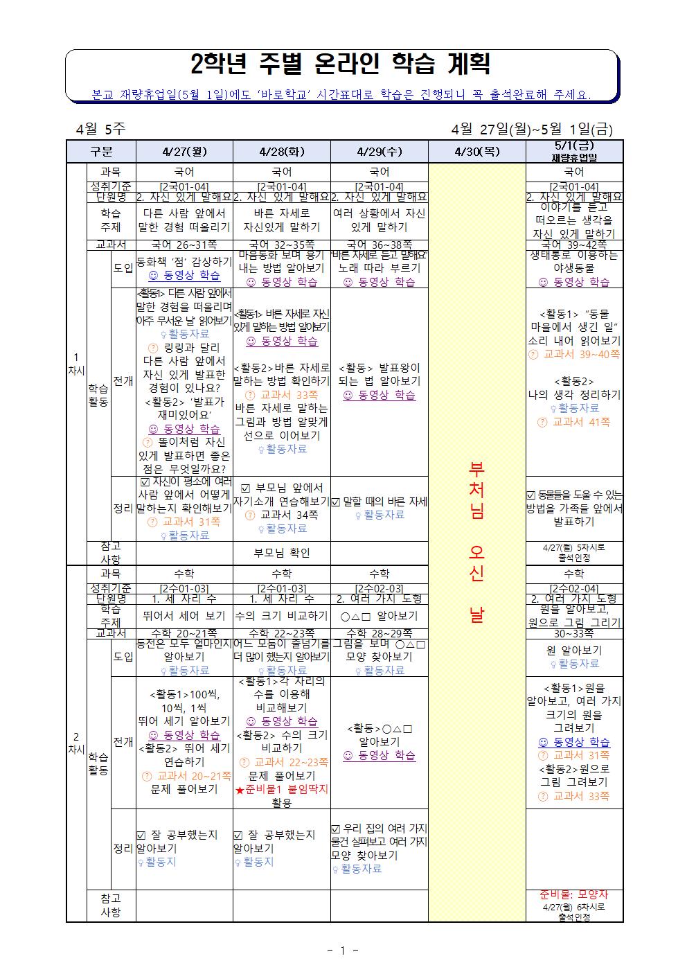 4월27일-5월1일_주별 온라인 학습 계획(2학년)001