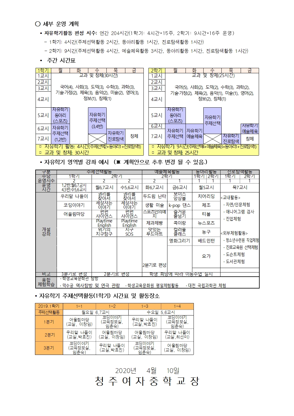 2020. 자유학년제 가정통신문(자유학년제 운영 안내)002