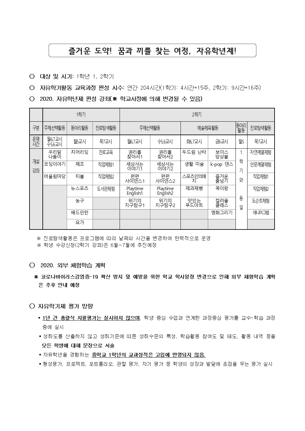 2020. 자유학년제 가정통신문(학부모 지원단 모집)002