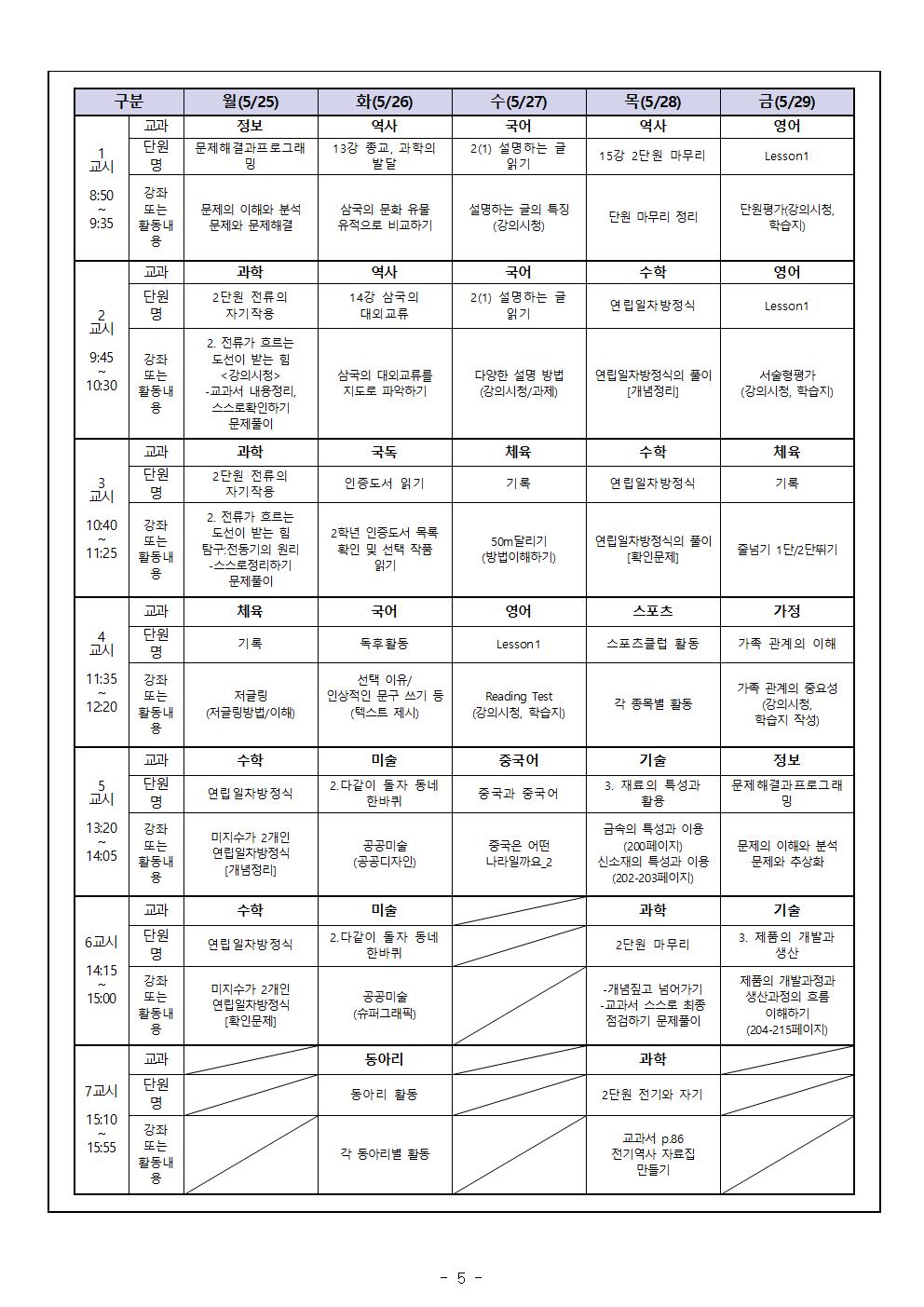 2학년 가정통신문 5월 원격수업시간표 및 학습계획005