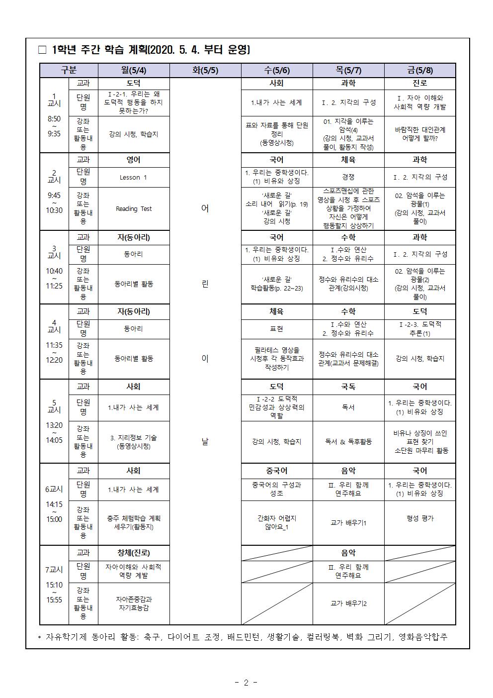 1학년 가정통신문 5월 원격수업시간표 및 학습계획002