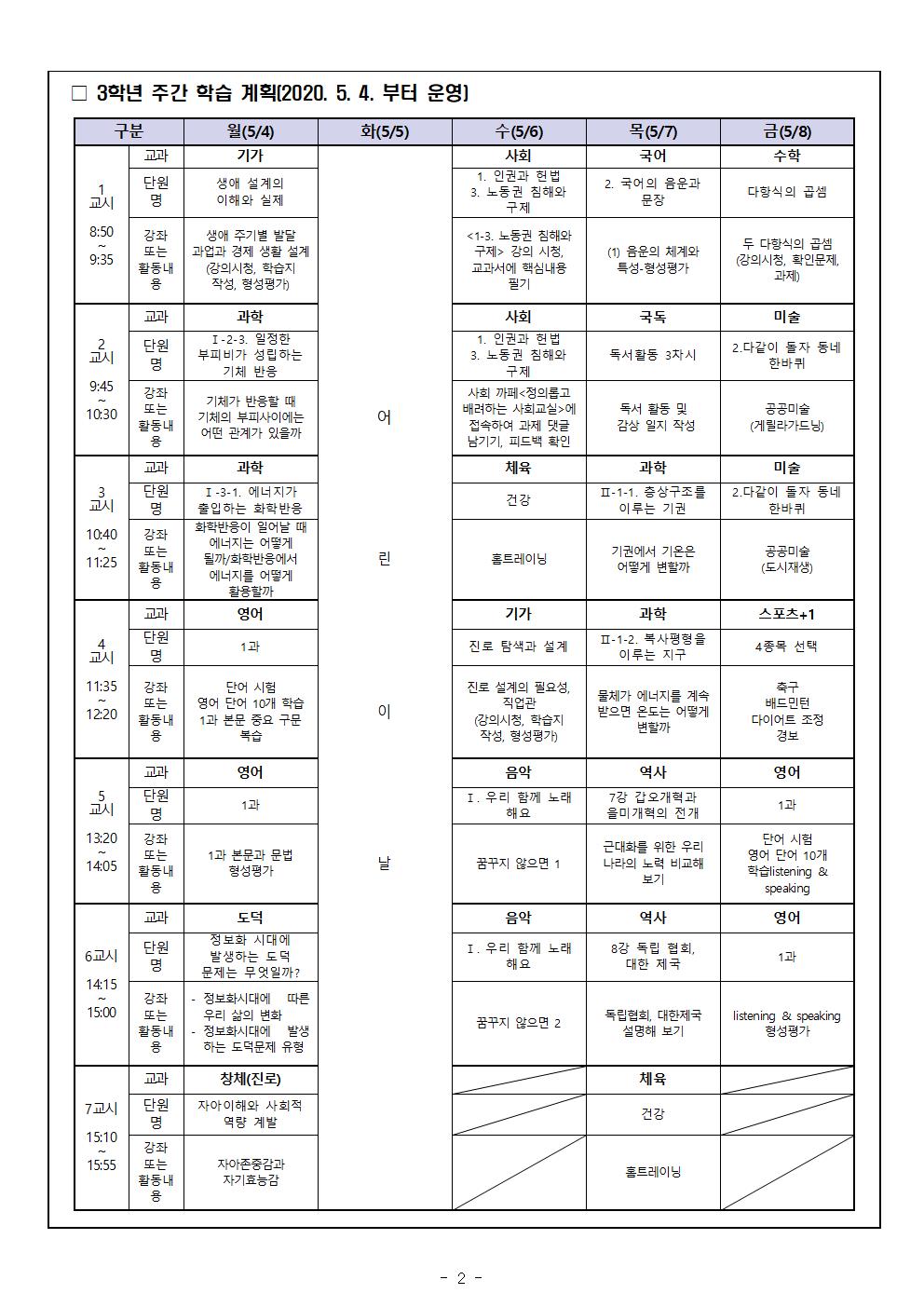 3학년 가정통신문 5월 원격수업시간표 및 학습계획002