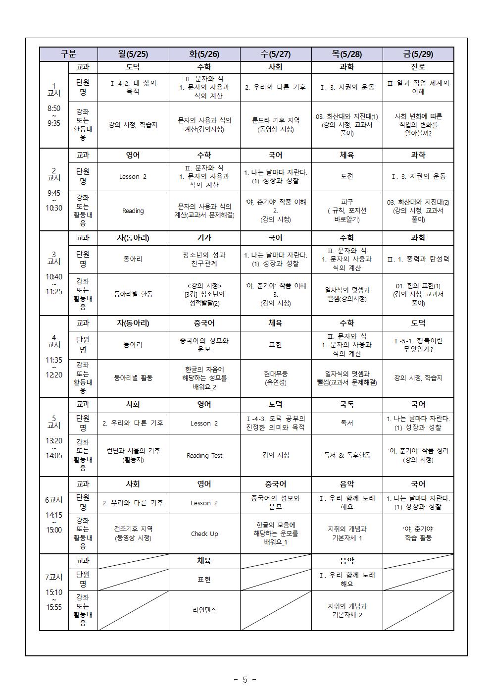 1학년 가정통신문 5월 원격수업시간표 및 학습계획005