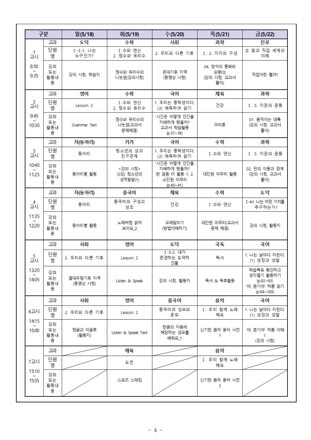 1학년 가정통신문 5월 원격수업시간표 및 학습계획004