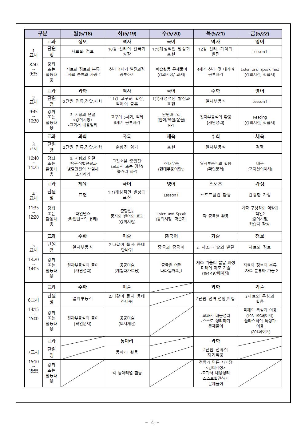 2학년 가정통신문 5월 원격수업시간표 및 학습계획004