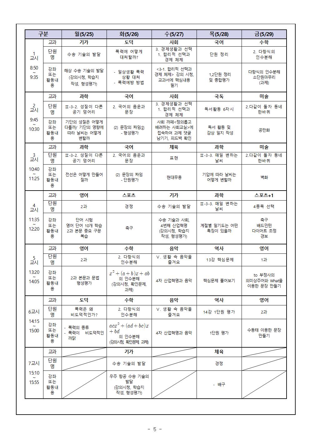 3학년 가정통신문 5월 원격수업시간표 및 학습계획005