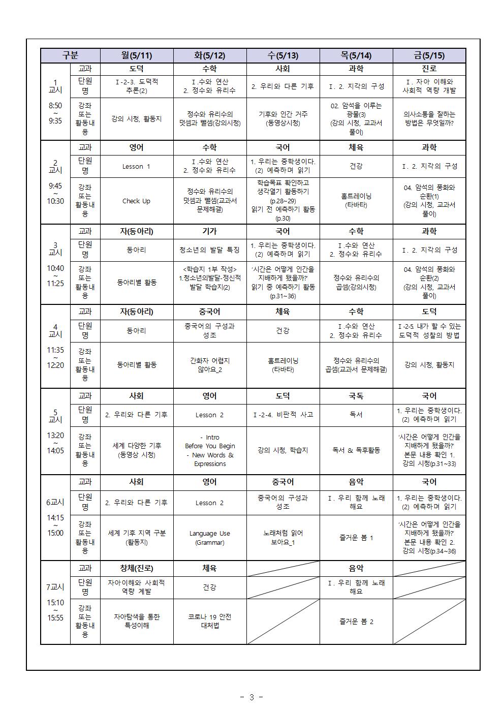 1학년 가정통신문 5월 원격수업시간표 및 학습계획003