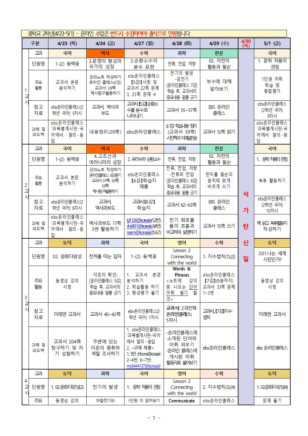 원격수업 주간학습계획 2학년(4.23-5.1)(수정)001