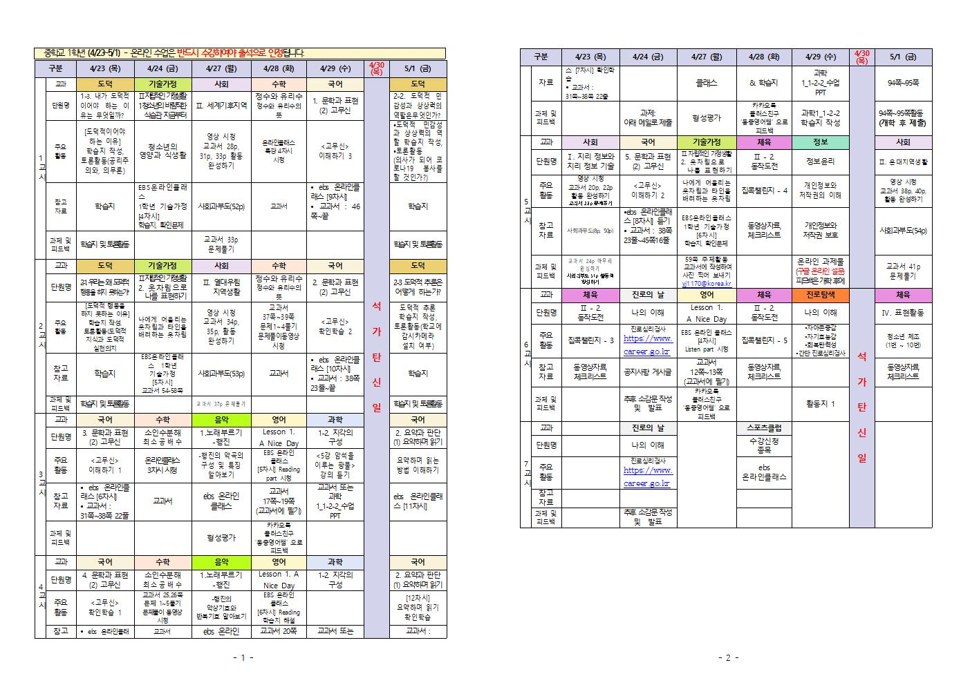 원격수업 주간학습계획 1학년(4.23.-5.1.)001