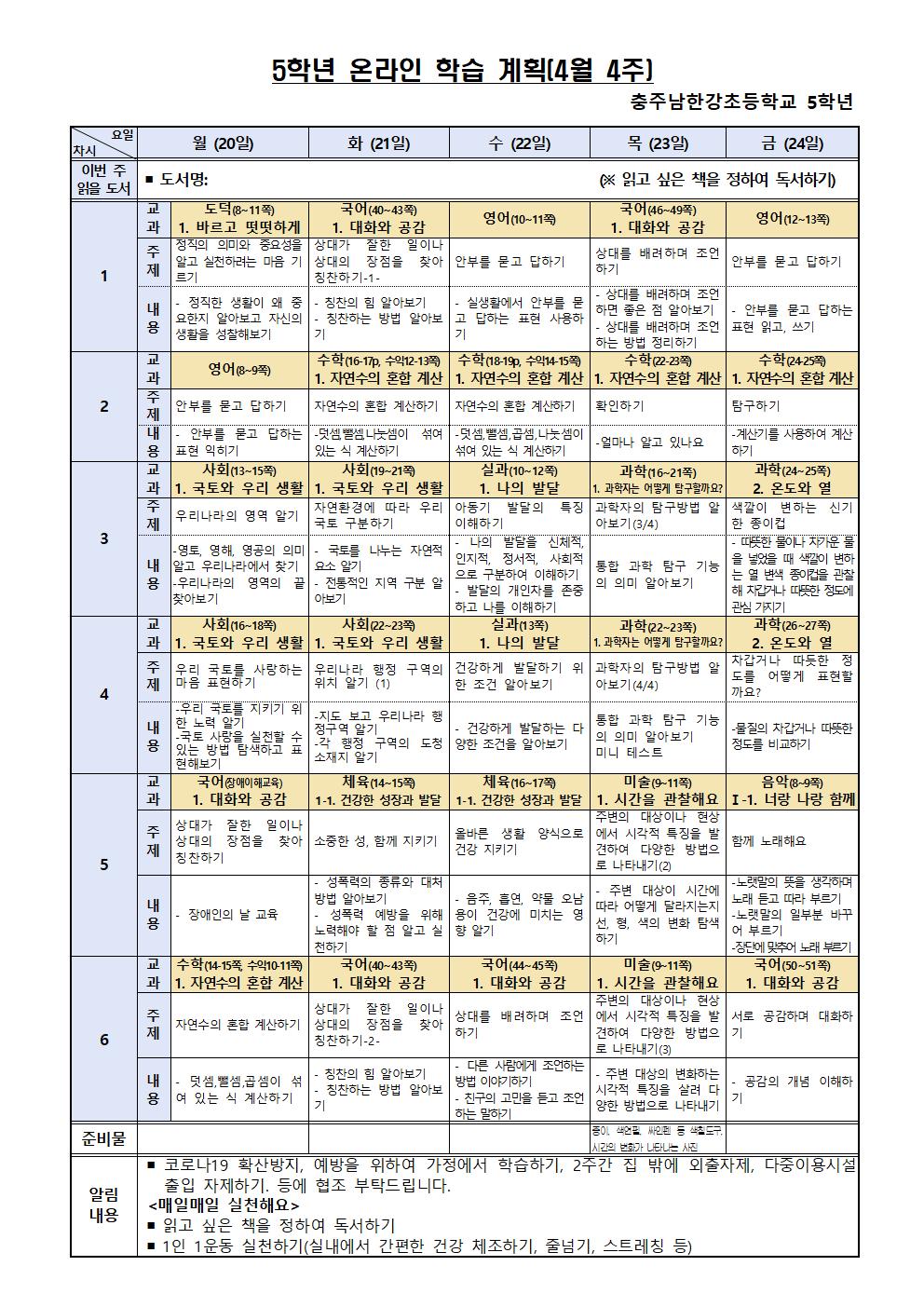 5학년 온라인 학습 계획(4월 4주)