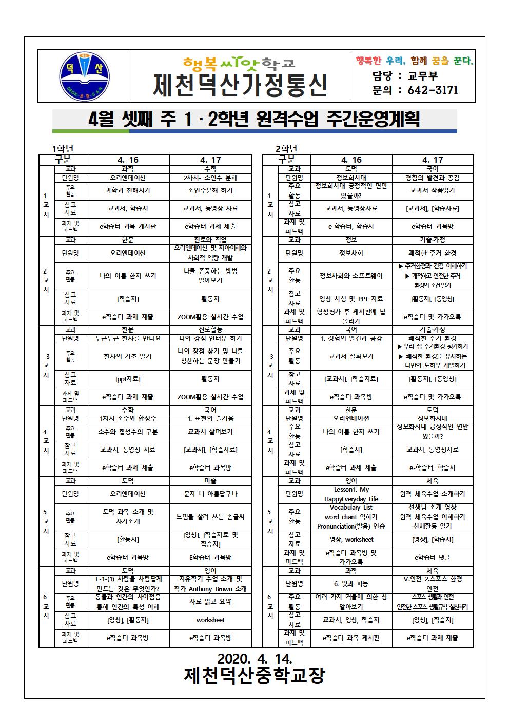 4월 셋째 주 1, 2학년 원격수업 주간운영계획