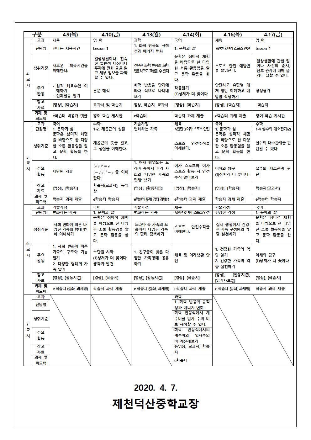 4월 둘째·셋째 주 3학년 원격수업 주간운영계획 안내 가정통신문002