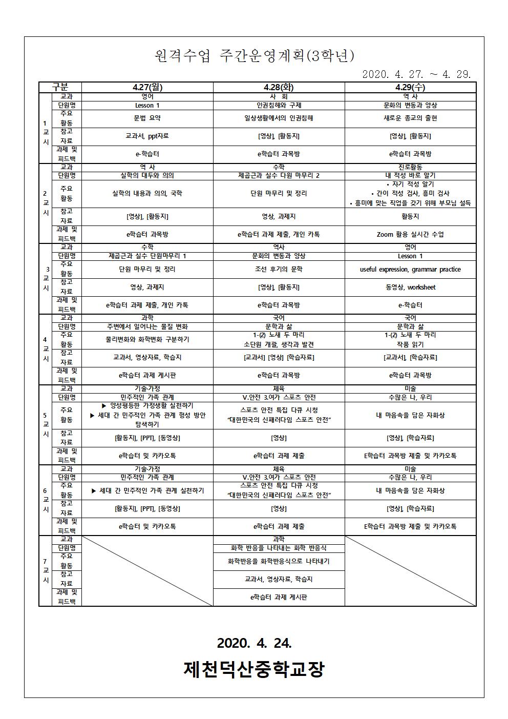 4월 다섯째 주 원격수업 주간운영계획 안내 가정통신문003