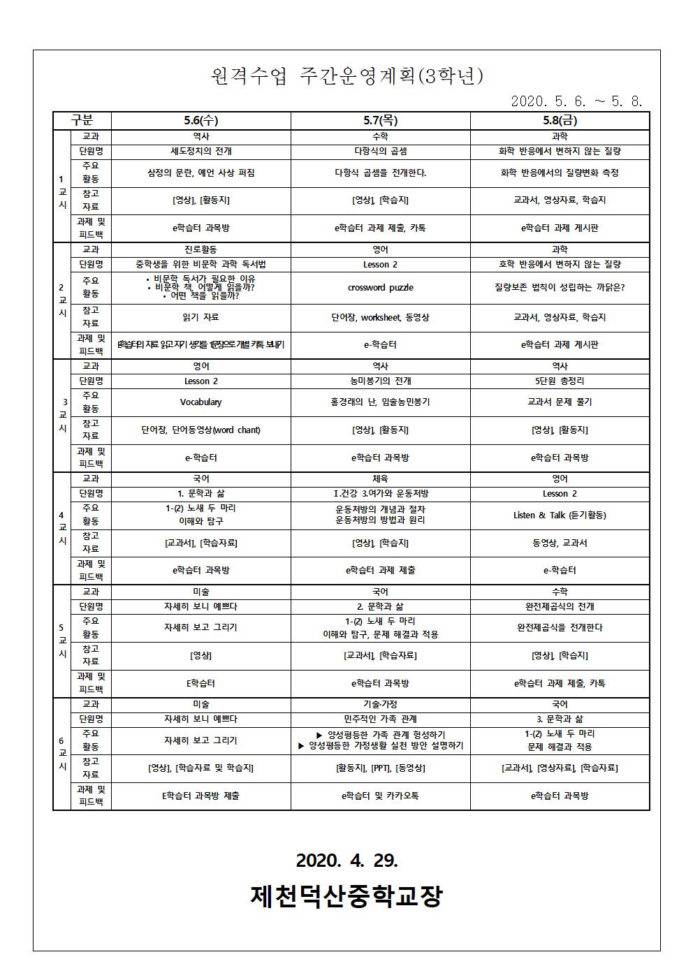 5월 첫째 주 원격수업 주간운영계획 안내 가정통신문003