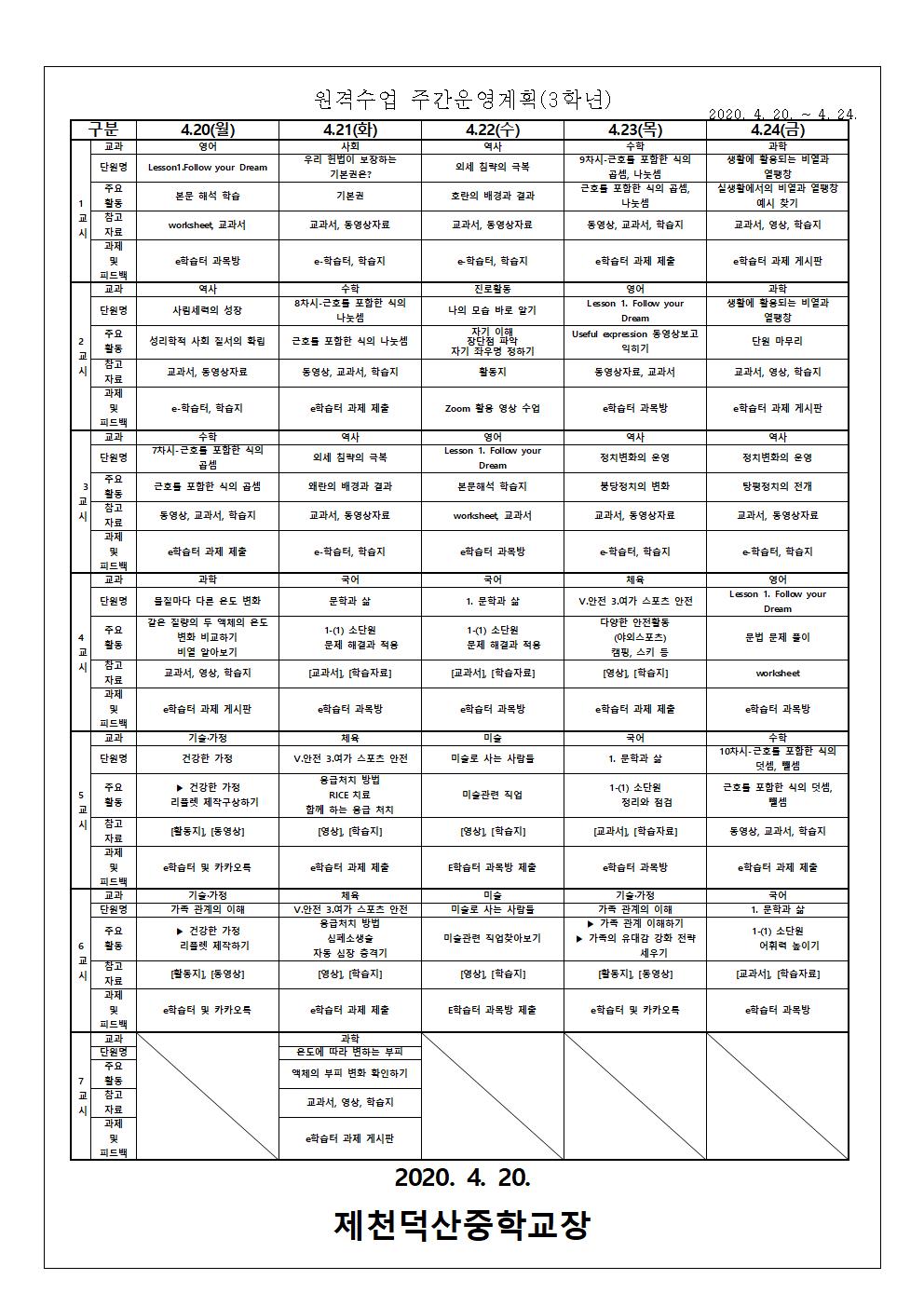 4월 넷째 주 원격수업 주간운영계획 안내 가정통신문003