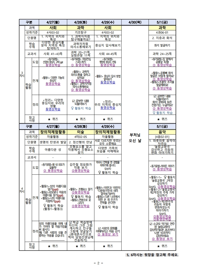 주별 온라인 학습 계획(4학년)_4월27일_5월1일.pdf_page_2