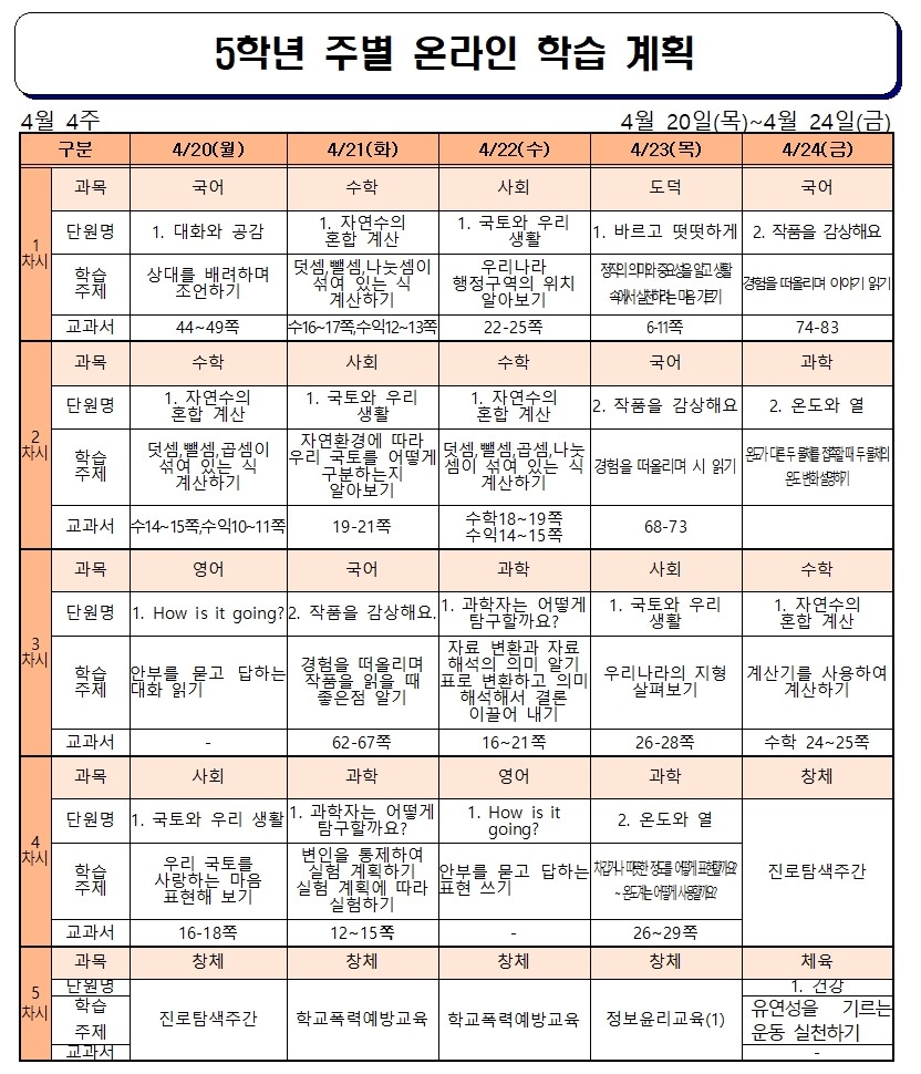 주별 온라인 학습 계획(5학년)_4월20일-4월24일001001