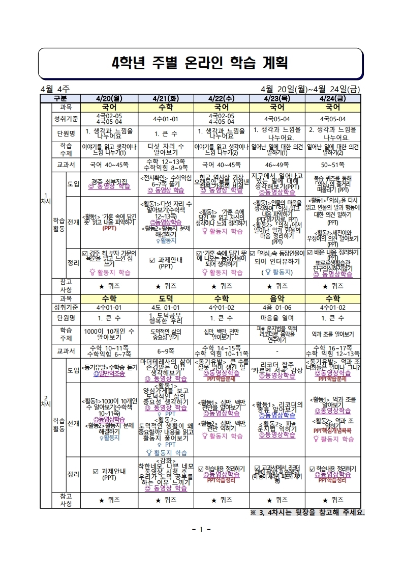 2.주별 온라인 학습 계획(4학년)_4월20일_4월24일.pdf_page_1