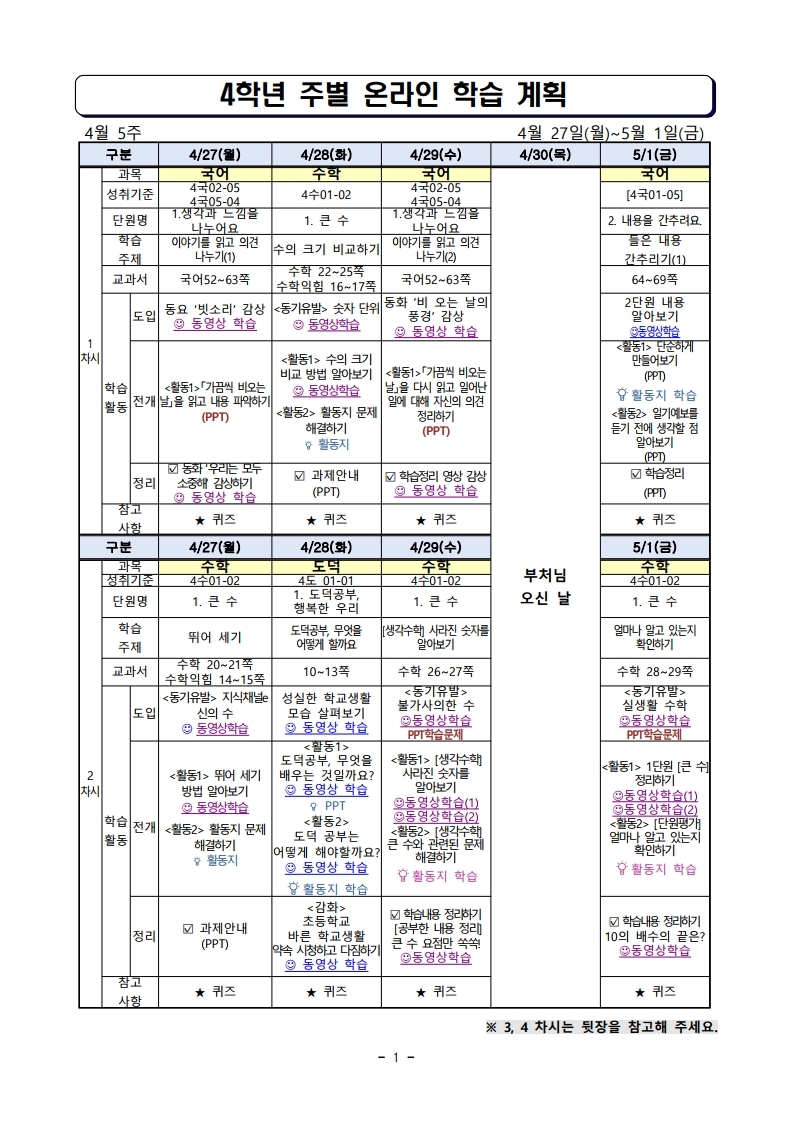 주별 온라인 학습 계획(4학년)_4월27일_5월1일.pdf_page_1