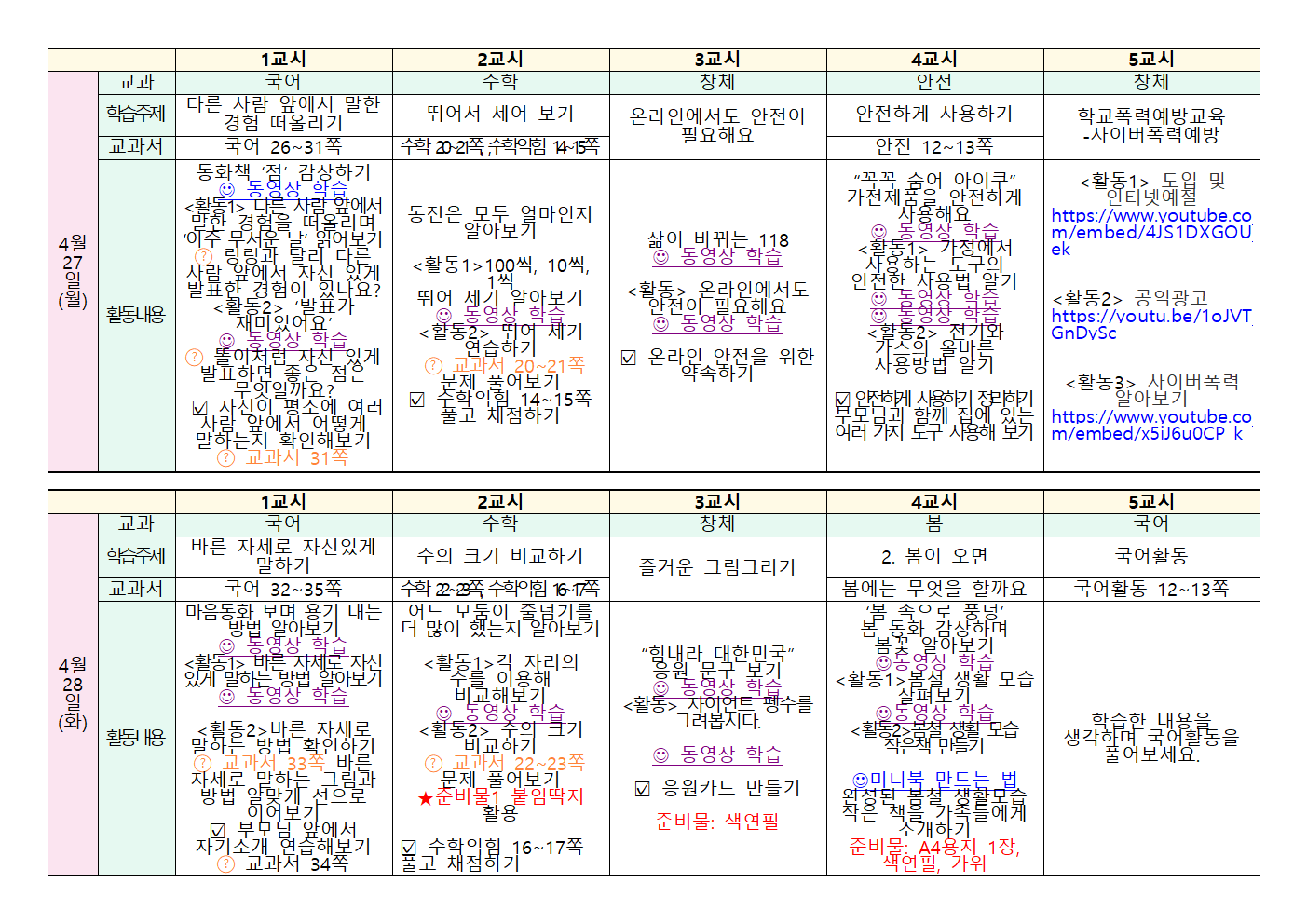 4월27일~4월29일 주간학습안내(2학년)002