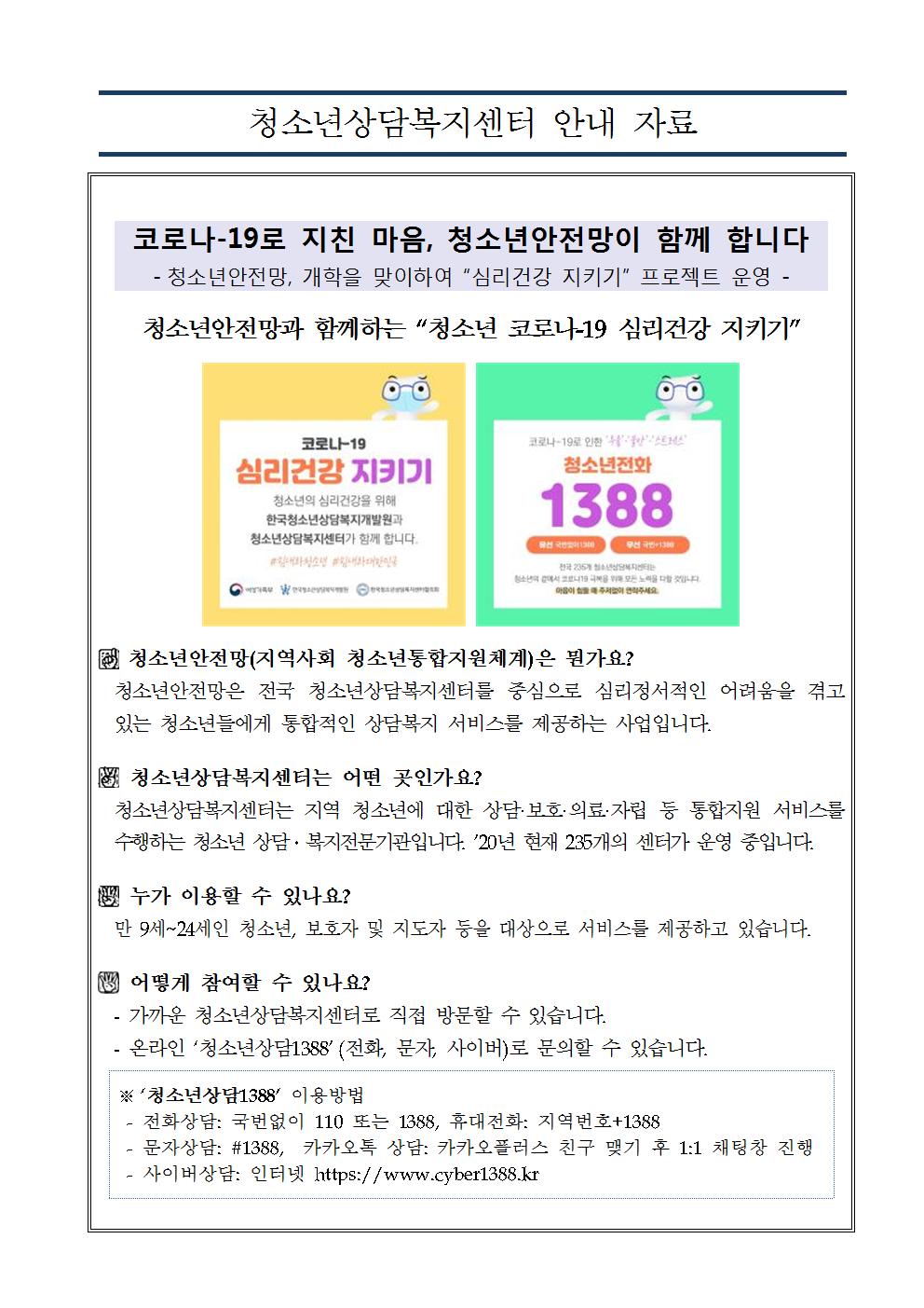 2020 코로나 19 대응 온라인 상담 지원 안내(청소년상담복지센터)