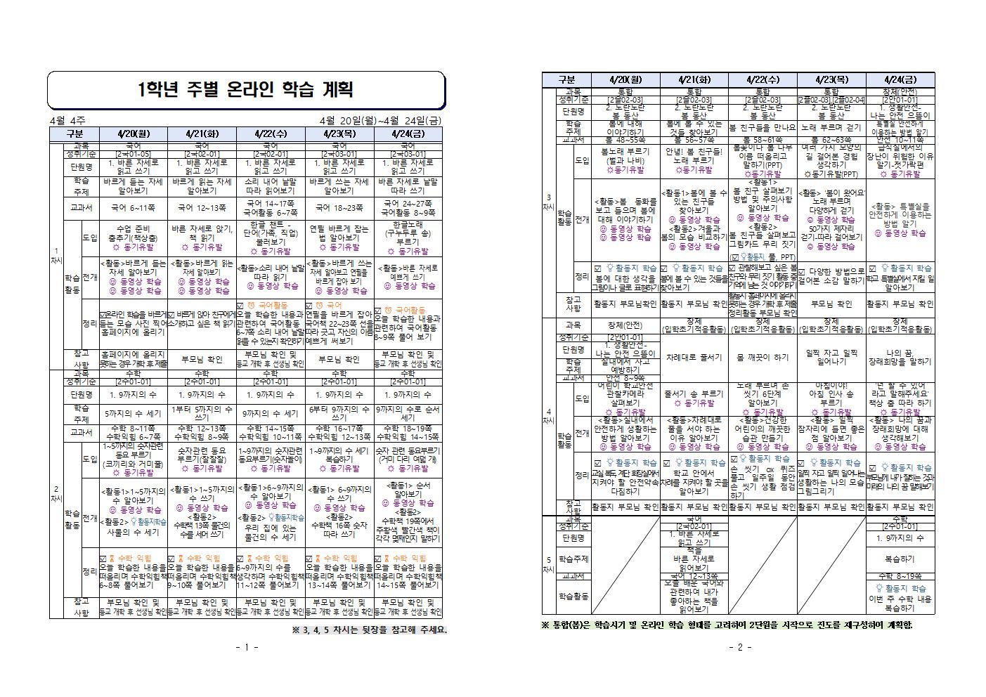 주별 온라인 학습 계획(1학년)_4월20일_4월24일001