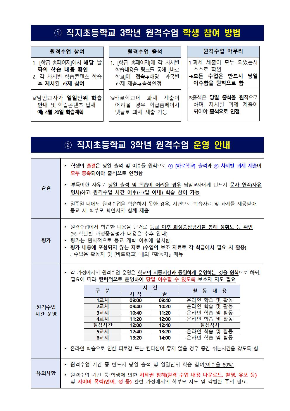 온라인 개학 및 3학년 원격수업 운영 안내 가정통신문002