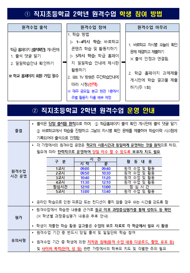 온라인 개학 및 2학년 원격수업 운영 안내 가정통신문2