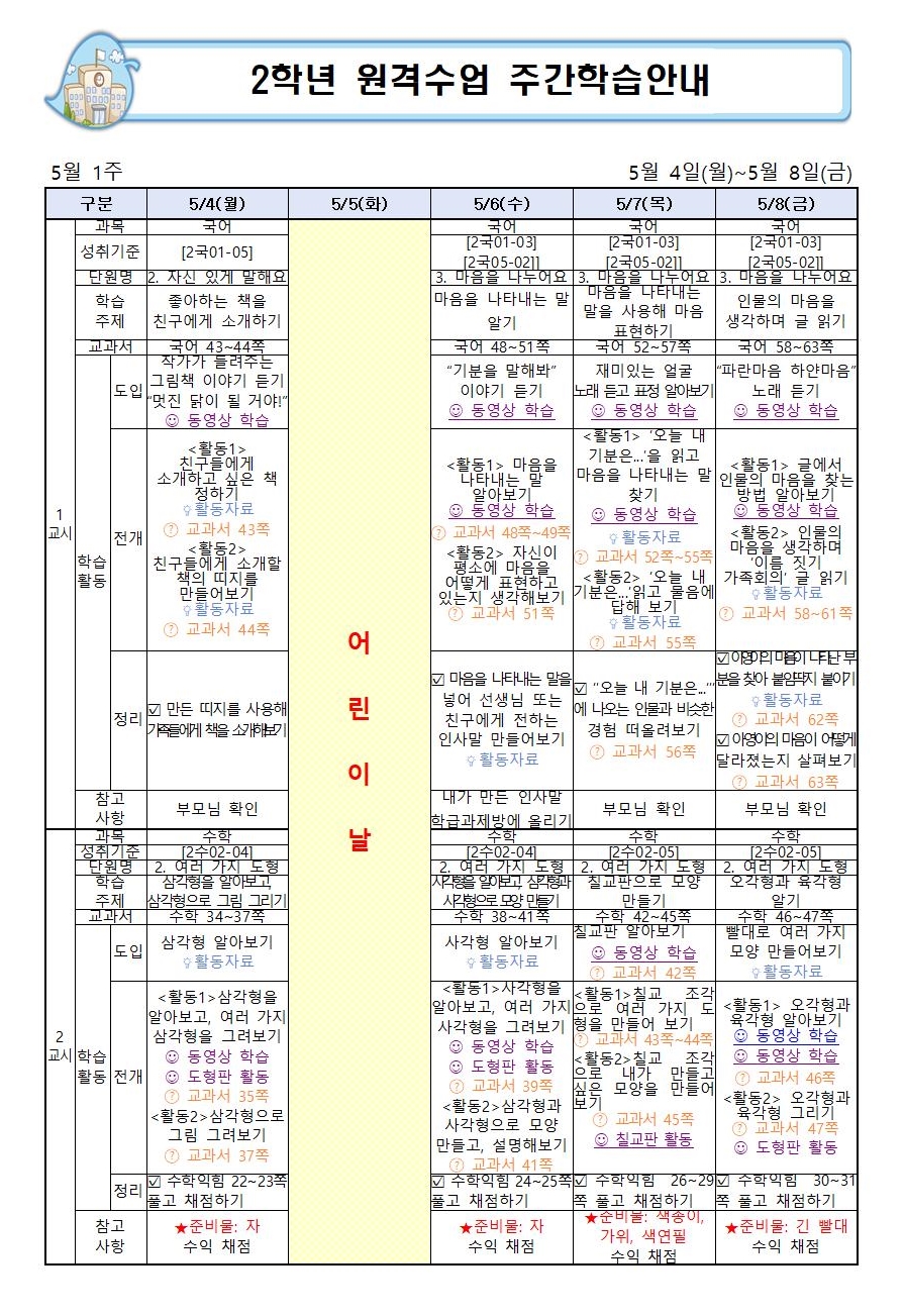 [2학년]5월 1주 원격수업 주간학습계획1001