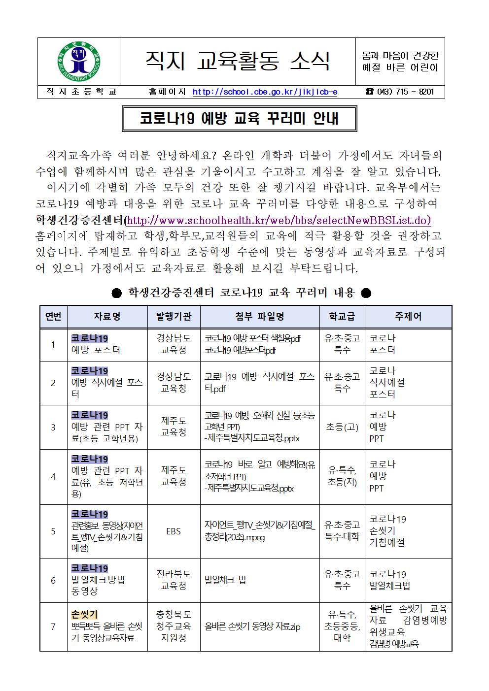 코로나19 교육 꾸러미 안내 가정통신문(직지초)001