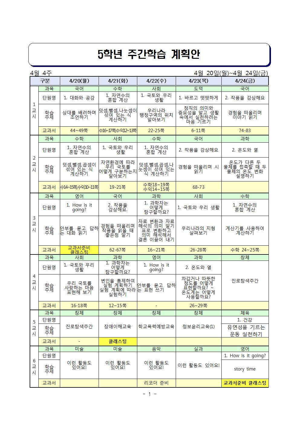 ★주간학습 계획안(5학년)_4월4주차_4월20일-4월24일(게시용)001